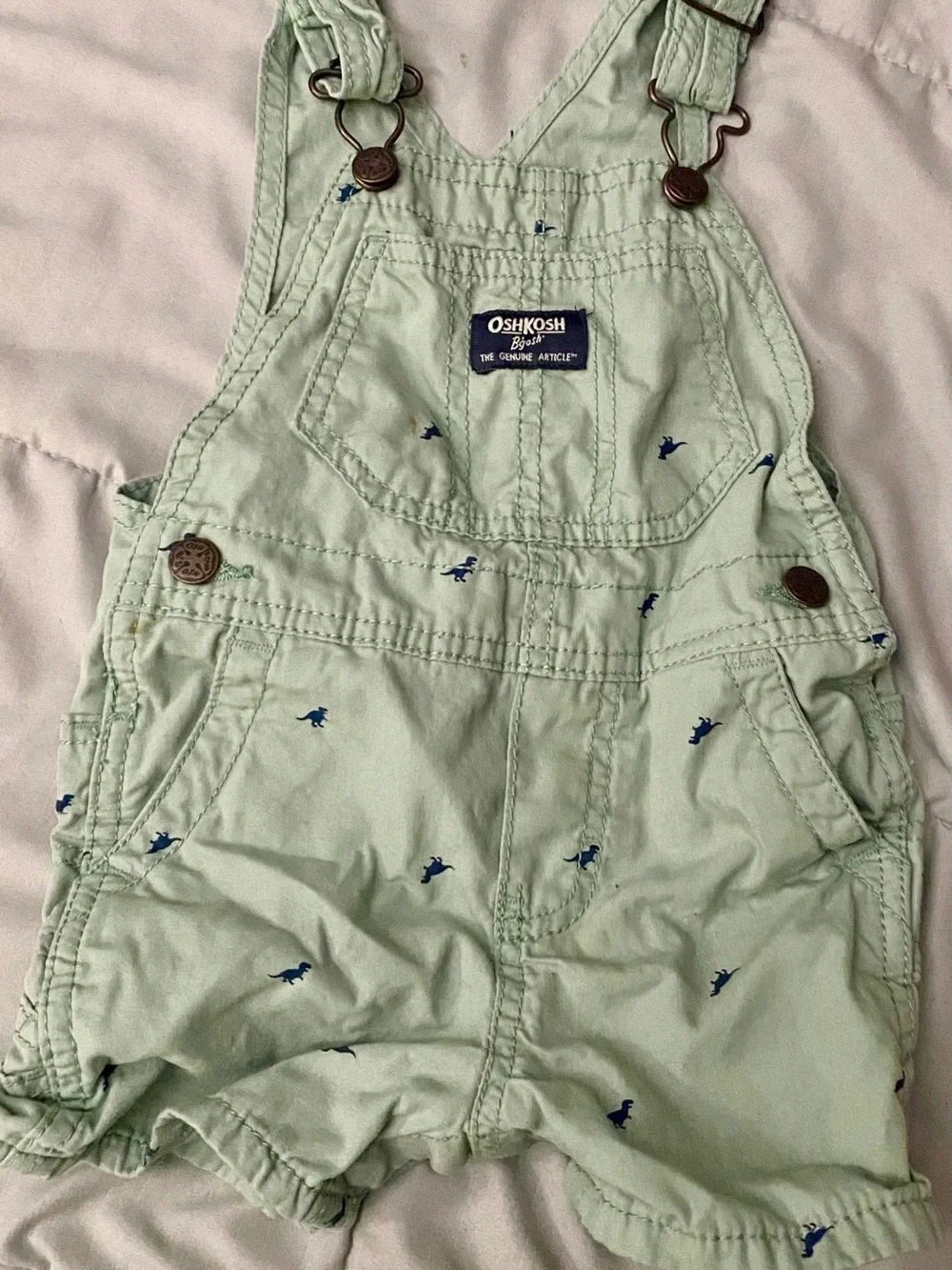 OshKosh B'gosh Mint Green Dino Shortalls with Navy Dino Print